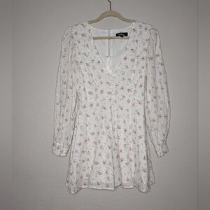 Lulu's White Floral Coquette Dainty Blooming Into Love Puff Sleeve Mini Dress S